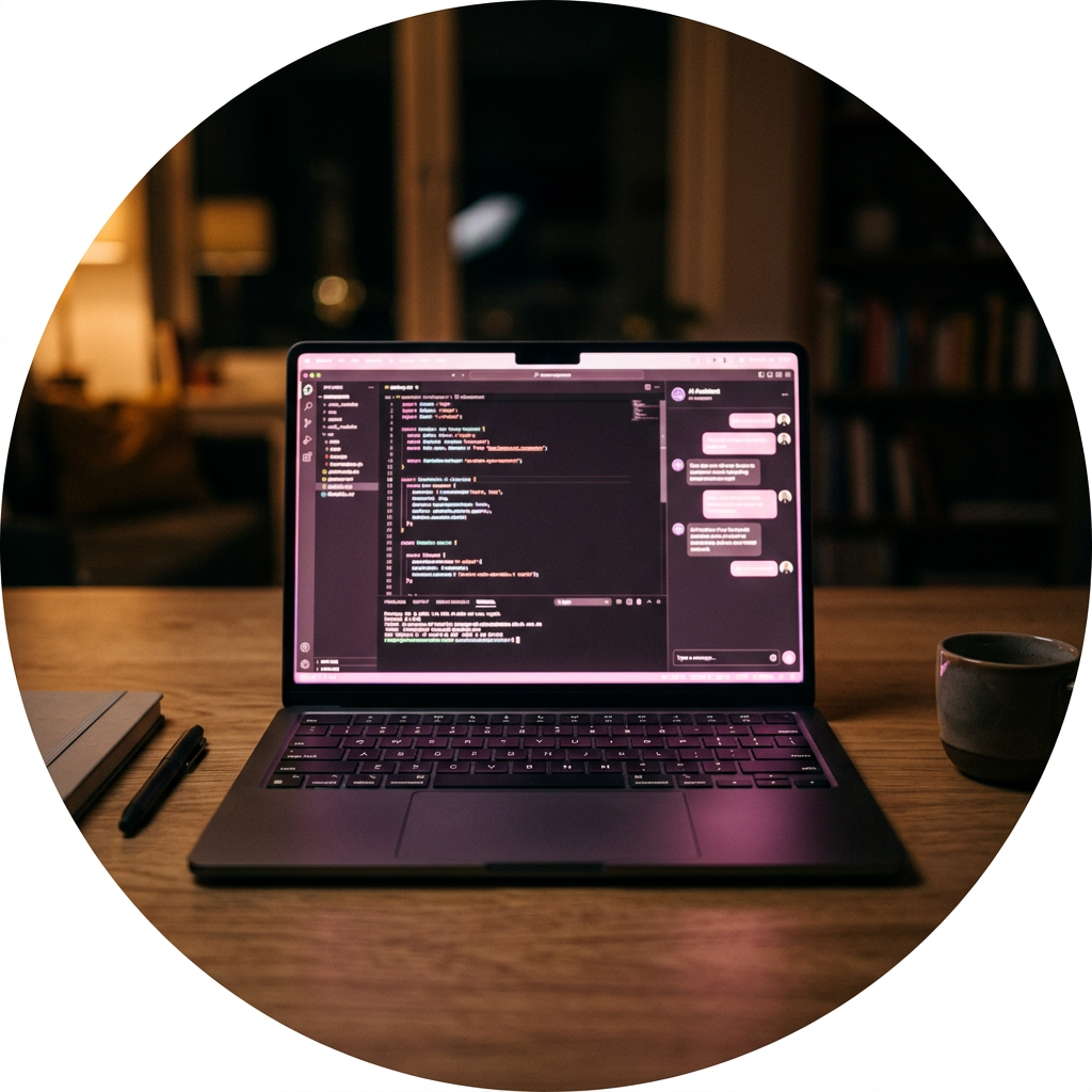 Laptop with a code editor and an AI chat panel side by side, lit in pink