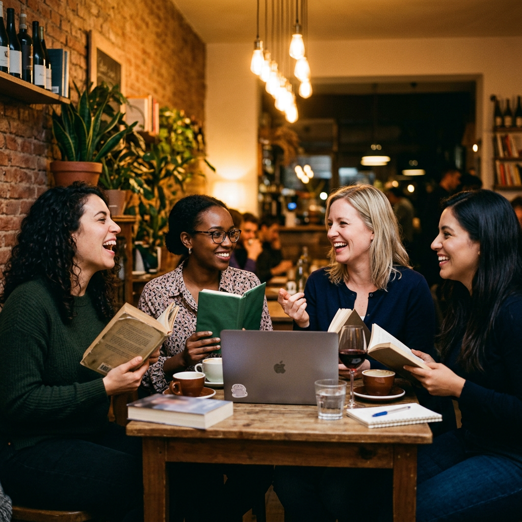 Four women laughing around a cafe table with open books, a laptop and coffee